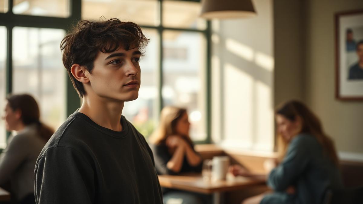 Jovem adulto pensativo à margem de um convívio num café com luz natural, representando o desconforto da ansiedade social