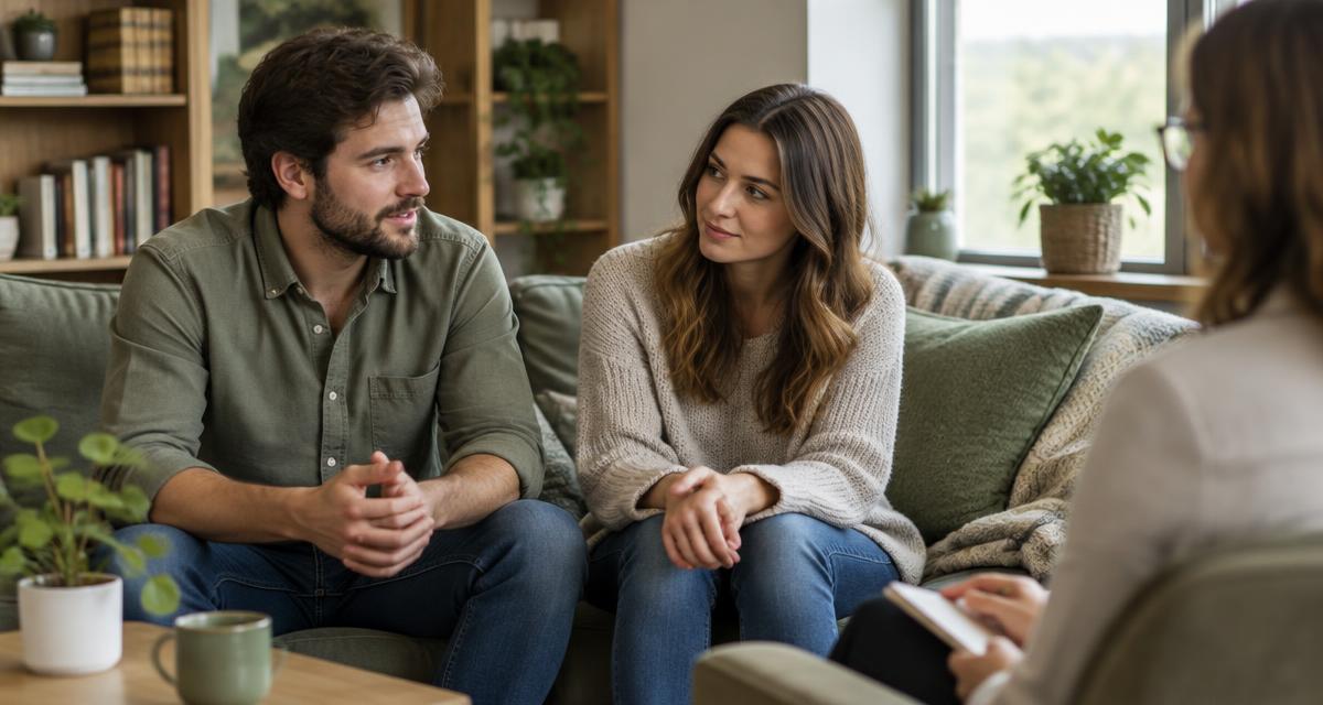 Casal jovem sentado num sofá numa sala de consulta, em conversa calma, com a psicóloga em primeiro plano
